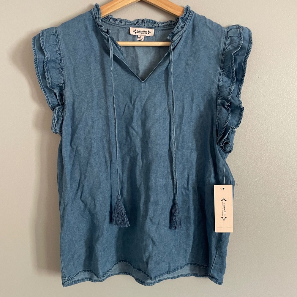 Nanette Lepore Blouse Womens Small Blue Ruffle Tassel Boho Top Office Feminine